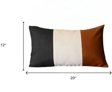Set of Four 12" X 20" Black Ivory and Brown Color Block Fabric and Faux Leather Lumbar Throw Pillows