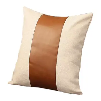 Set of Four 18" Ivory and Brown Color Block Fabric and Faux Leather Throw Pillows