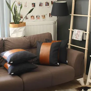 Set of Four 18" Brown And Black Faux Leather And Fabric Throw Pillows
