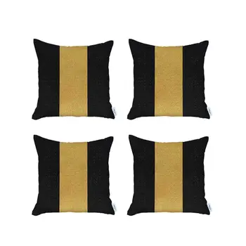 Set Of Four 18" X 18" Black And Yellow Geometric Zippered Handmade Polyester Throw Pillow