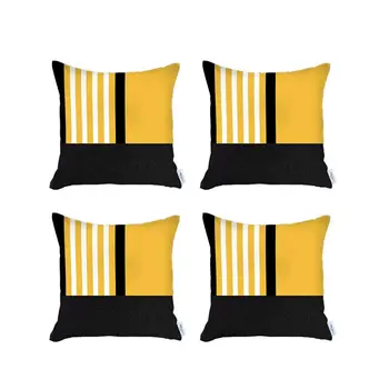 Set of Four 18" Yellow and Black Color Block Throw Pillow