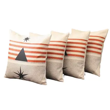 Set of Four 18" Ivory Gray and Red Geometric Fabric Throw Pillows