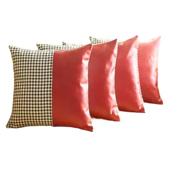 Set of Four 18" Red Black and White Houndstooth Fabric and Faux Leather Throw Pillows