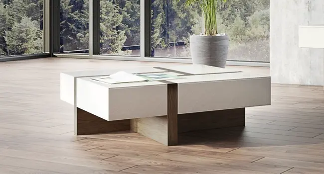 39" Brown and White Wood Square Solid Coffee Table With Four Drawers