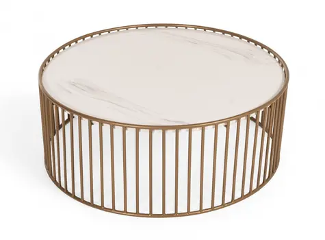 37" White and Gold Faux Marble And Metal Round Frame Coffee Table