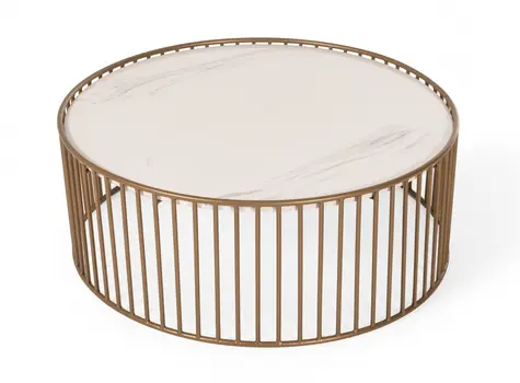 37" White and Gold Faux Marble And Metal Round Frame Coffee Table