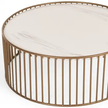 37" White and Gold Faux Marble And Metal Round Frame Coffee Table