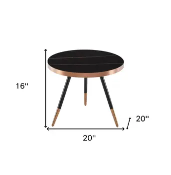 20" Black and Gold Faux Marble And Metal Round Coffee Table