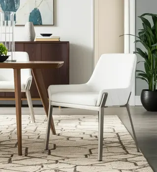 White and Silver Upholstered Faux Leather Dining Arm Chair
