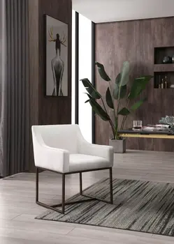 Beige and Antiqued Brass Upholstered Fabric Dining Arm Chair