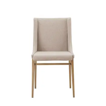 Set of Two Beige and Antiqued Brass Upholstered Fabric Wing Back Dining Side Chairs