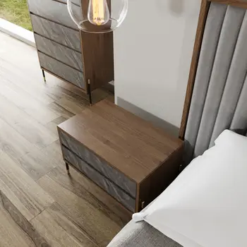Mid Century Walnut and Gray Faux Marble Two Drawer Nightstand