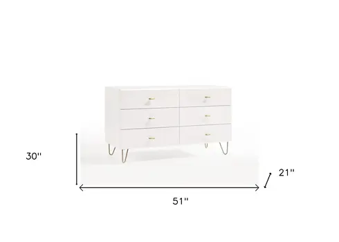51" White Manufactured Wood Six Drawer Double Dresser
