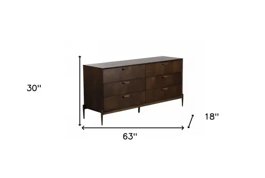 63" Dark Brown Manufactured Wood Six Drawer Double Dresser
