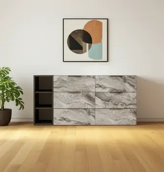 63" Grey Faux Marble and Black Wood Six Drawer Double Dresser