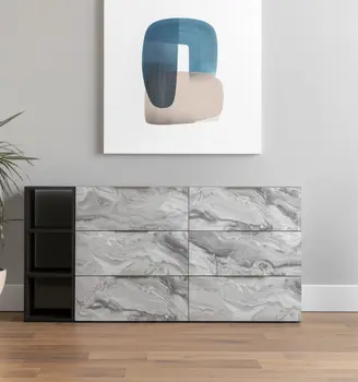 63" Grey Faux Marble and Black Wood Six Drawer Double Dresser