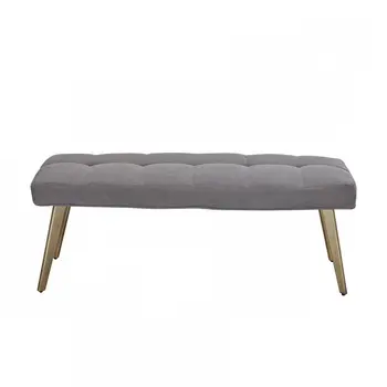 47" Gray and Antiqued Brass Tufted Linen Blend Upholstered Dining Bench