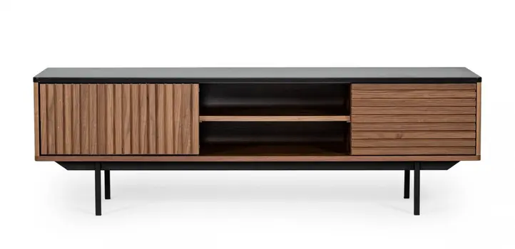 63" Walnut And Gray Wood Open And Enclosed Storage TV Stand
