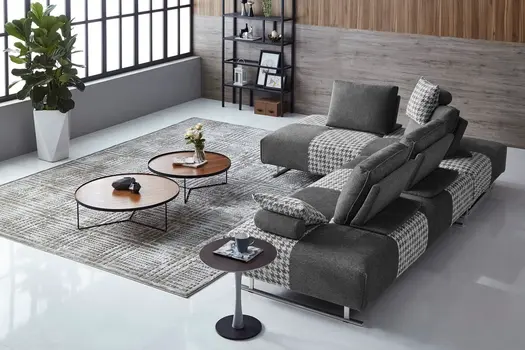 Gray 100% Polyester Stationary L Shaped Two Piece Sofa And Chaise
