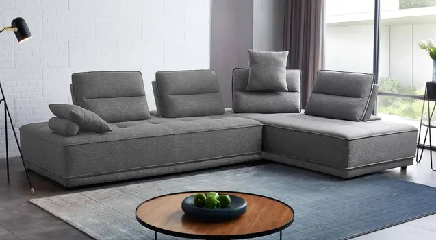 Gray 100% Polyester Stationary L Shaped Two Piece Sofa And Chaise