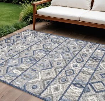 7' X 9' Blue And Gray Abstract Stain Resistant Indoor Outdoor Area Rug