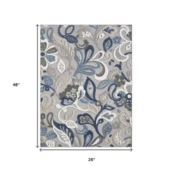 2' X 4' Blue Gray Jacobean Floral Indoor Outdoor Area Rug