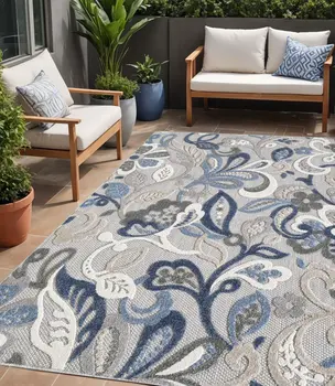 5' X 7' Blue And Gray Floral Stain Resistant Indoor Outdoor Area Rug
