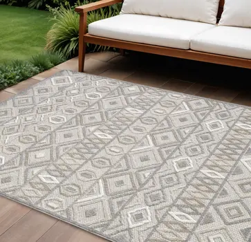 7' X 9' Gray And Ivory Southwestern Stain Resistant Indoor Outdoor Area Rug