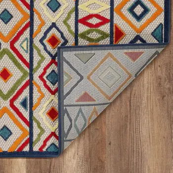 5' X 7' Ivory And Blue Southwestern Stain Resistant Indoor Outdoor Area Rug