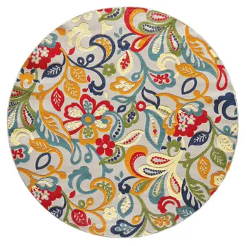 8' Round Ivory And Blue Round Floral Stain Resistant Indoor Outdoor Area Rug
