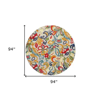 8' Round Ivory And Blue Round Floral Stain Resistant Indoor Outdoor Area Rug
