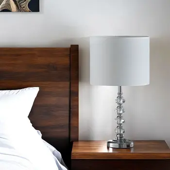 18" Silver Faux Crystal And Metal Table Lamp With White Drum Shade