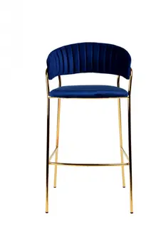 Set of Two 30" Dark Blue And Gold Steel Low Back Bar Height Bar Chairs