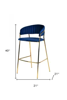 Set of Two 30" Dark Blue And Gold Steel Low Back Bar Height Bar Chairs