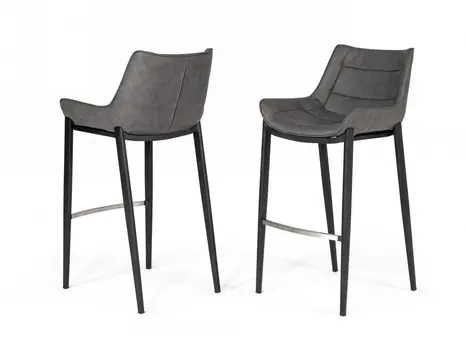 Set of Two 30" Gray And Black Faux Leather And Steel Bar Height Bar Chairs