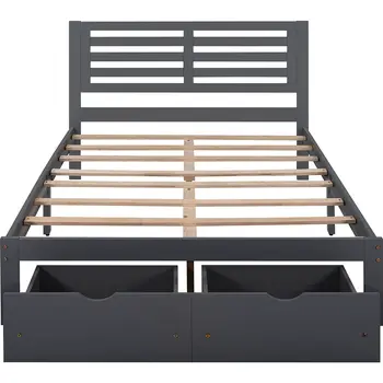 Gray Wood Full With Two Drawers Bed Frame