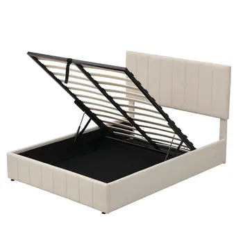 Beige Ribbed Texture Linen Blend Full Bed Frame