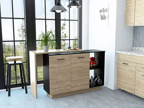 Natural and Natural And Black 59" Kitchen Island With Storage