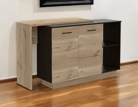 Natural and Natural And Black 59" Kitchen Island With Storage