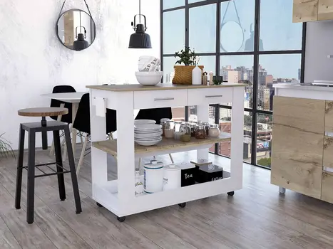White and Brown 40" Rolling Kitchen Cart With Storage