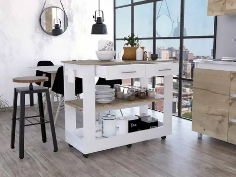 White and Brown 40" Rolling Kitchen Cart With Storage