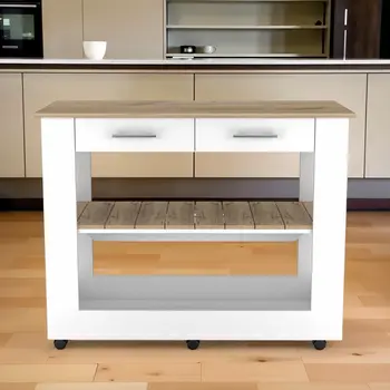 White and Brown 40" Rolling Kitchen Cart With Storage