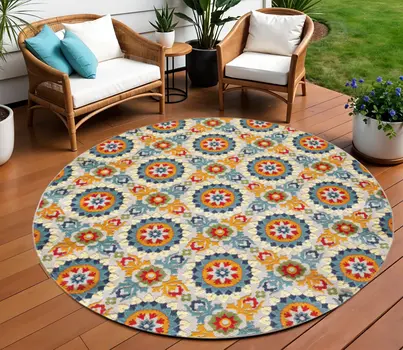 8' Round Orange And Ivory Round Moroccan Stain Resistant Indoor Outdoor Area Rug