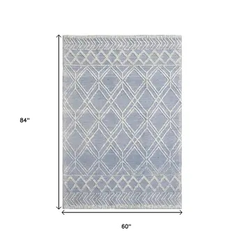 5' X 7' Blue and Ivory Geometric Handmade Area Rug
