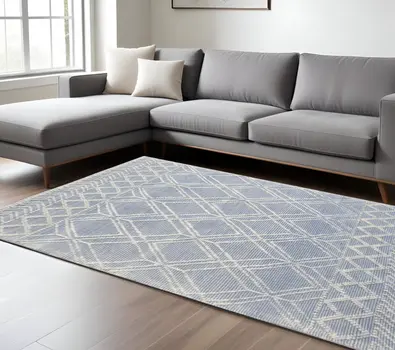 9' X 13' Blue Ivory Tribal Geometric Pattern Area Rug