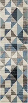 8' Beige Blue And Gray Geometric Runner Rug