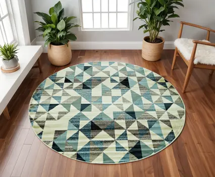 8' Blue Round Geometric Area Rug