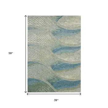 3' X 5' Beige Blue And Sage Abstract Area Rug