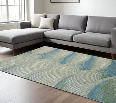 10' X 13' Blue Beige Abstract Waves Modern Area Rug