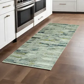 8' Ivory And Blue Abstract Runner Rug